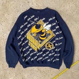 Vintage 90s RARE Georgia Tech University Tultex AOP Crewneck Sweatshirt Size XL